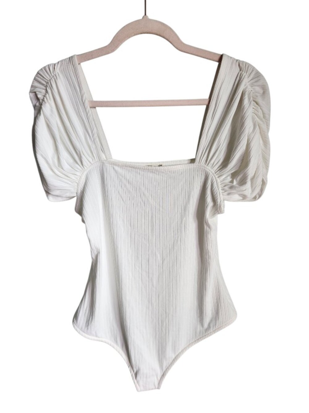Free People Bodysuit Small Ivory Front Row Ribbed Puff Sleeve Square Neck NEW